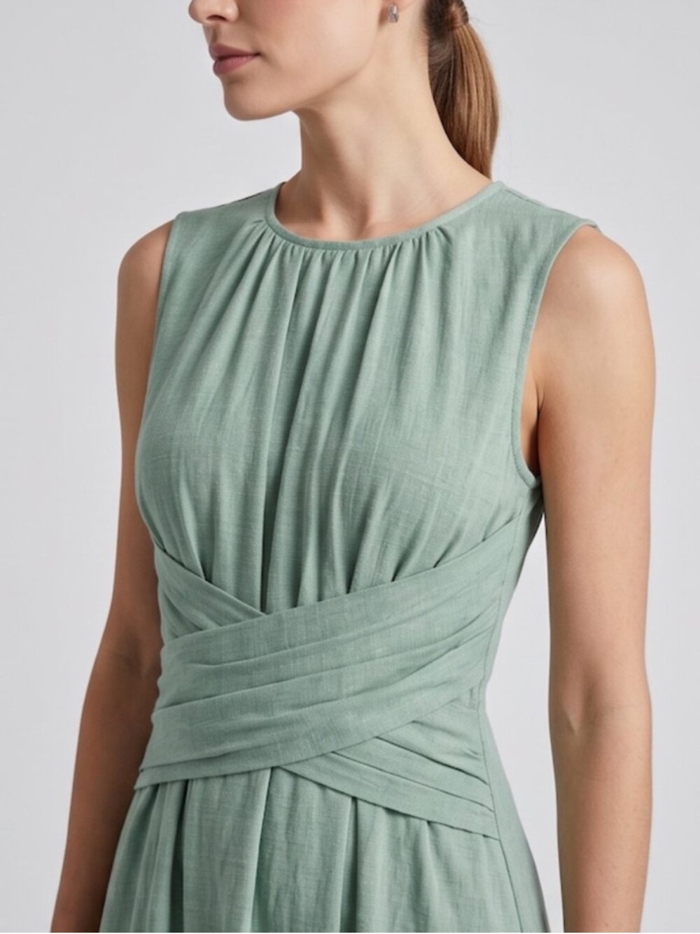 NWT Boho Sage Green Sleeveless Crinkle Maxi Dress with Criss-Cross Waist - Picture 3 of 7
